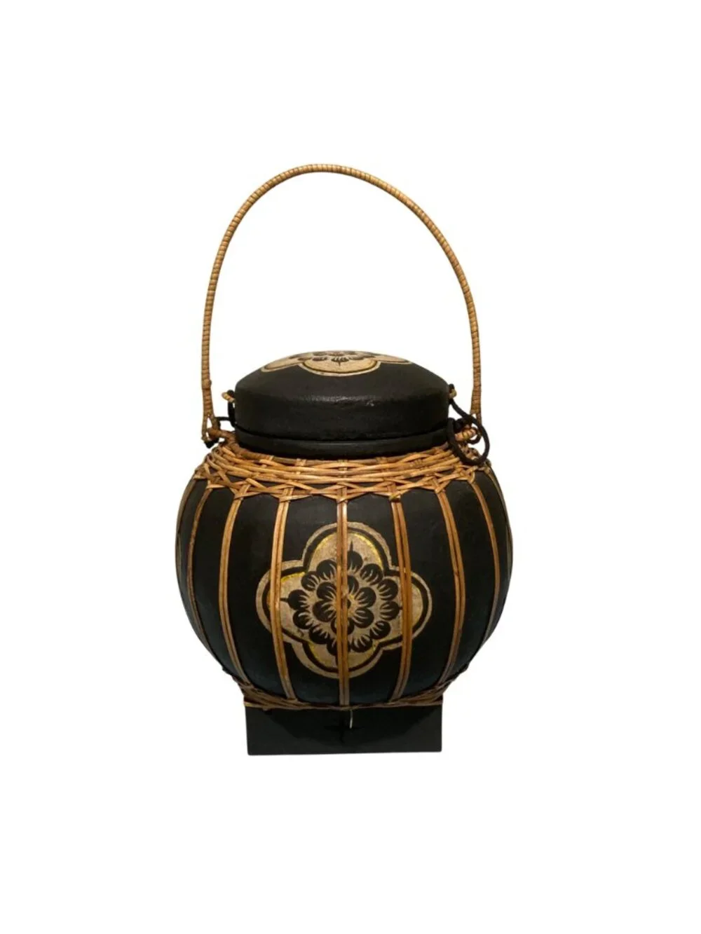 Handcrafted Vintage Thai Rice Basket With Lid And Floral Design